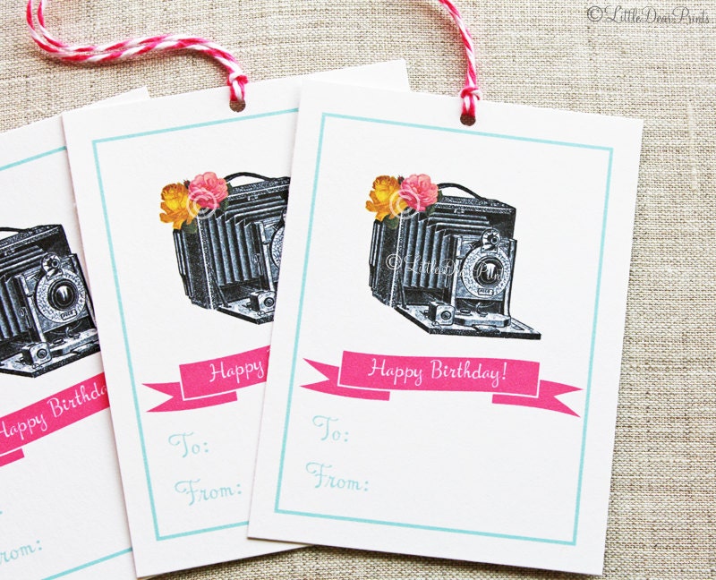 12 Shabby Chic Camera "Happy Birthday" Gift Tags- Vintage Style Photographer Birthday Tags
