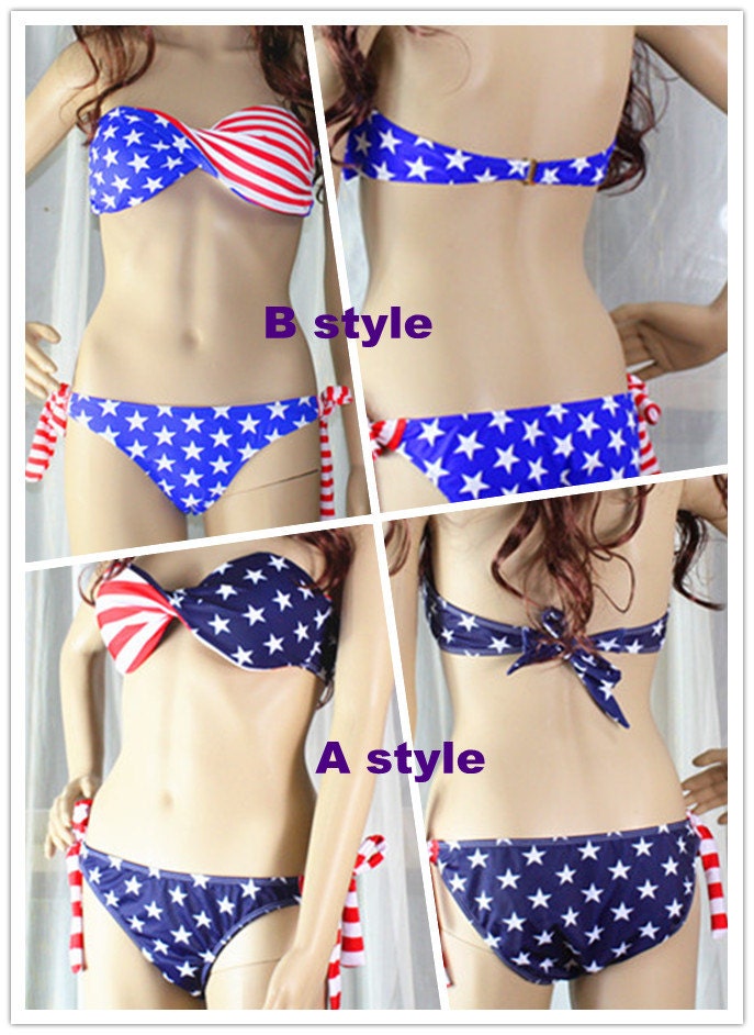 Stars and Stripes USA Padded Twisted Bikini Bandeau American Flag Swimwear 2 Pcs