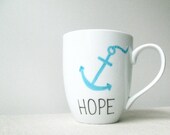 Coffee Mug - Anchor Mug - Black Hand Painted "Hope" with Turquoise Anchor on a White Coffee Cup - Black and White Mug