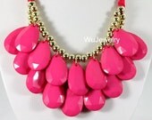 NEW Chunky Droplet Cluster Statement Necklace,Fuchsia Ribbon Necklace, 2 Layers Necklace, Bib Necklace,Bubble Necklace-BN0286