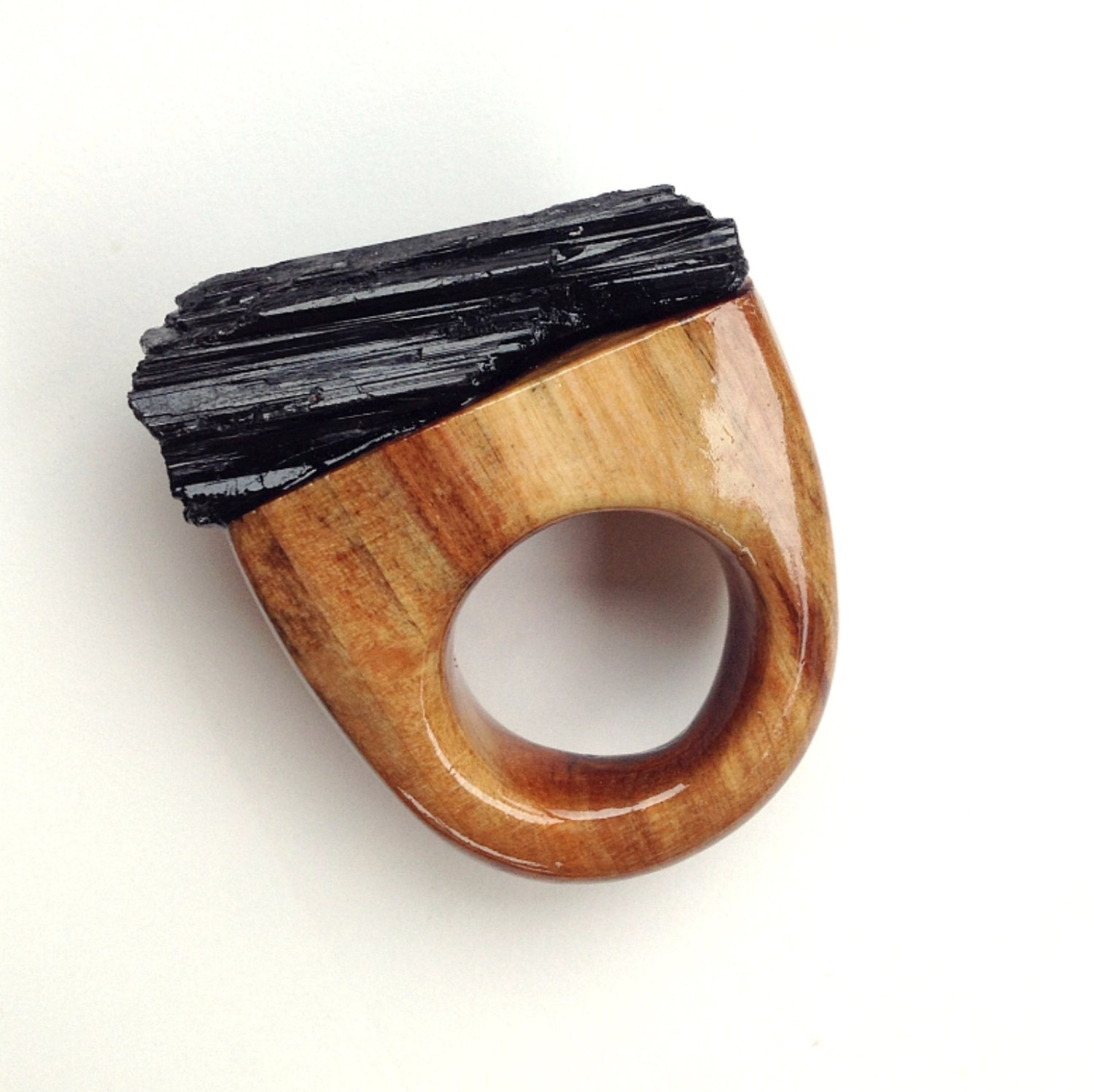 River Wood & Black Tourmaline Ring