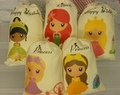 Muslin Cotton Bags Girls Princesses Group 2 Favor, Treat or gift Bags Personalized Qty 5