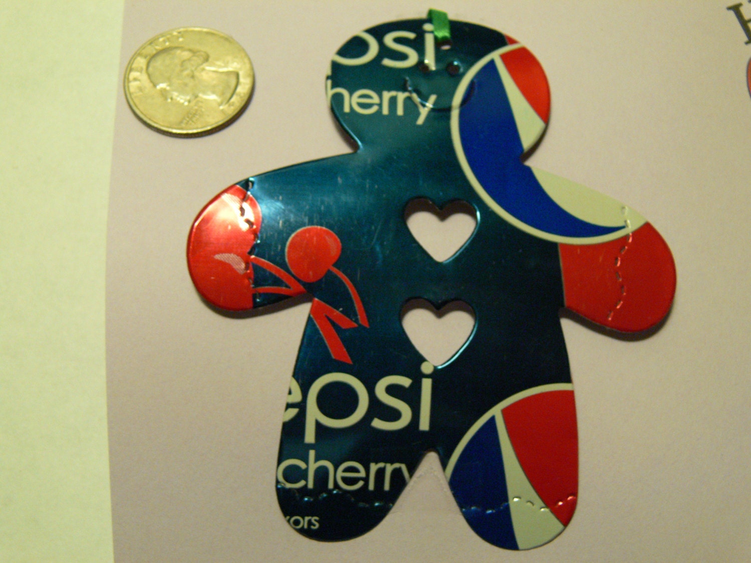 Recycled Soda Cola Drink Can - Christmas Gingerbread Man With Hearts ORNAMENT - Winter Tree Fun