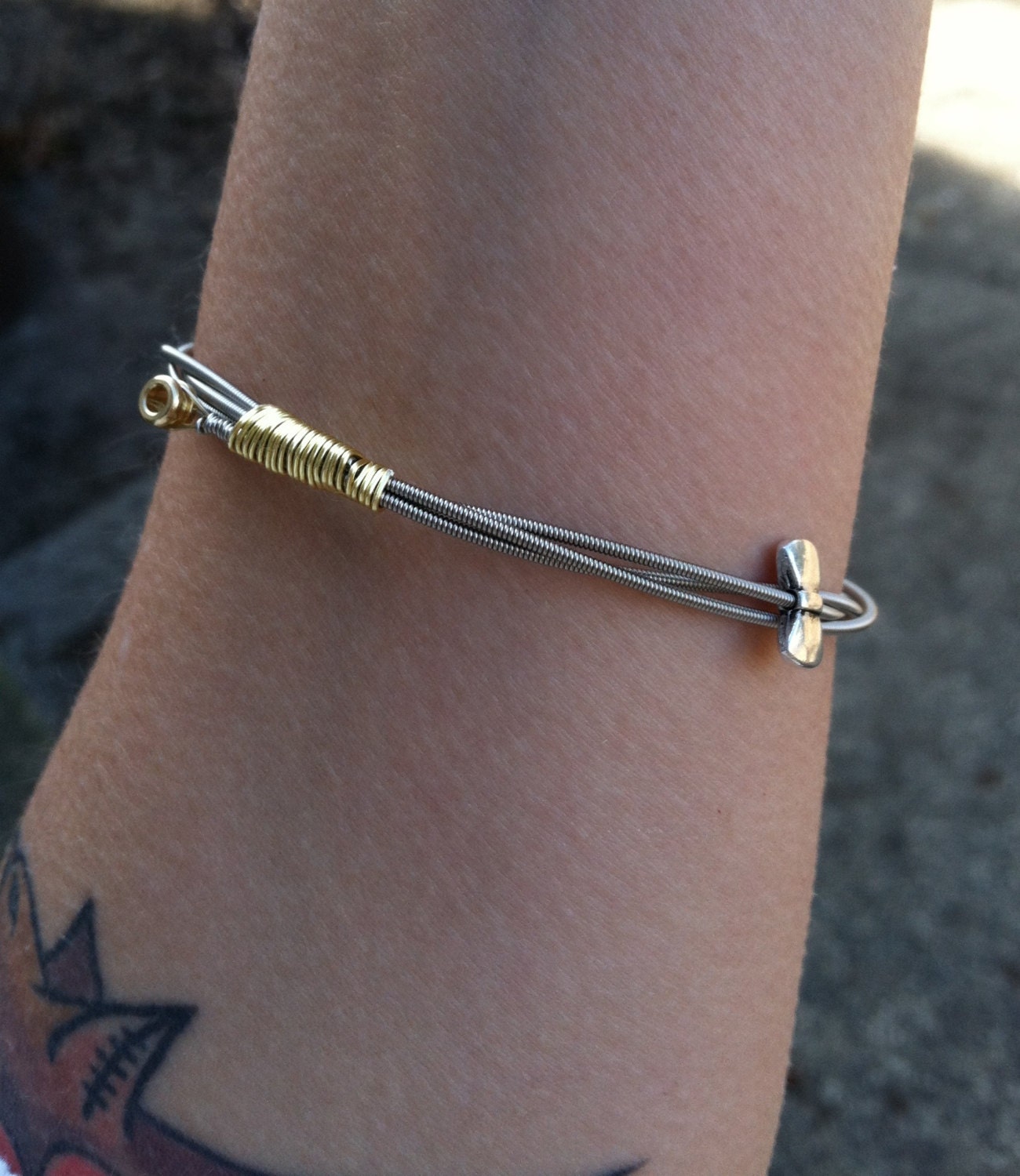 Recycled/Reused Guitar String Gold Bangle Stacking Bracelet with Silver Bow Charm for her - Gift Ideas for anyone