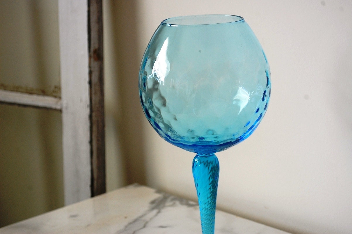Vintage Optic Art Glass, Retro, Mid Century, Blue, Teal, Aqua, Ocean, Stemmed Goblet, Glass Vase, Compote, Colored Glass, Centerpiece