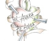 Original Illustration, Heart, Love, Latin, Quote, Stars, Picture, Art, Ink, Pencil, 24 x 32 cm, Horror, Tattoo Design