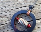 Ebony Wood  / Wooden Pendant / Recycled Glass / African Beads /  Red White Blue / Black Tribal / Wood Necklace