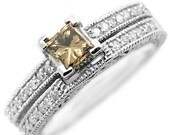 0.83ct Princess Cognac Champagne Brown Diamond Matching Engagement Wedding Ring Set 14k White Yellow Rose Pink Gold Vintage Antique Style