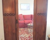 ARMOIRE WARDROBE CABINET storage with mirrored door, Bakelite pulls, shelves and drawer.