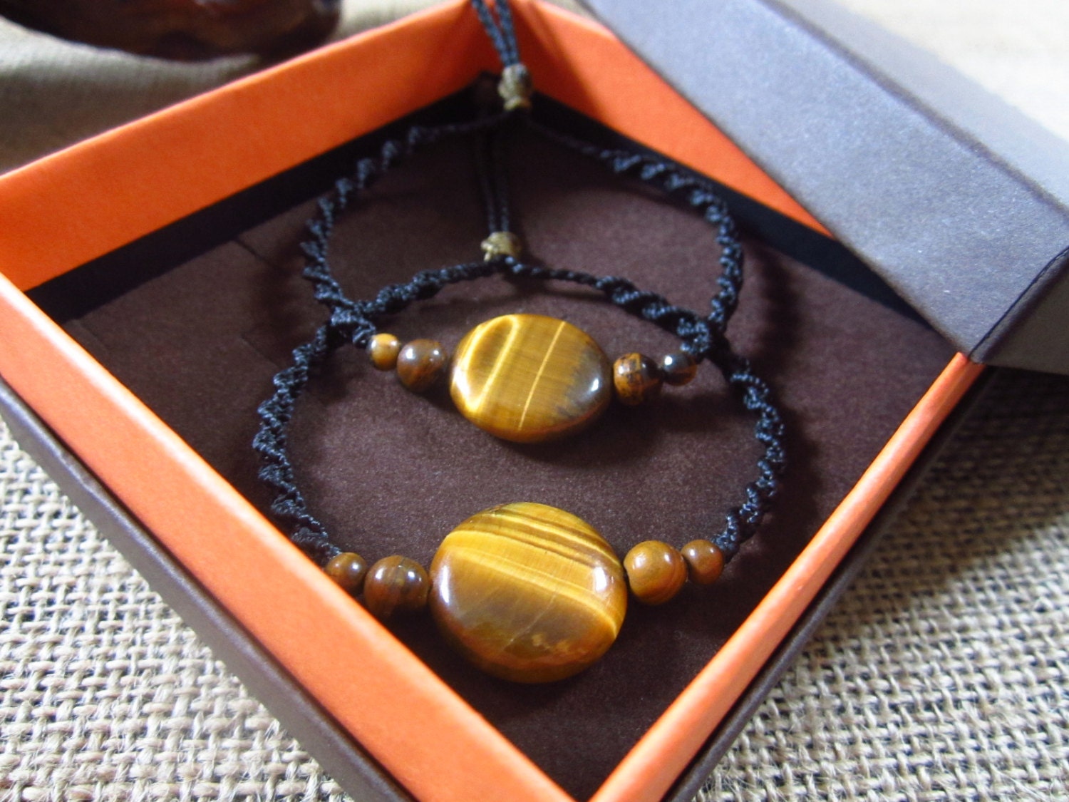 Handmade Set Box Black Friendship Bracelet with Tiger Eye Gemstones