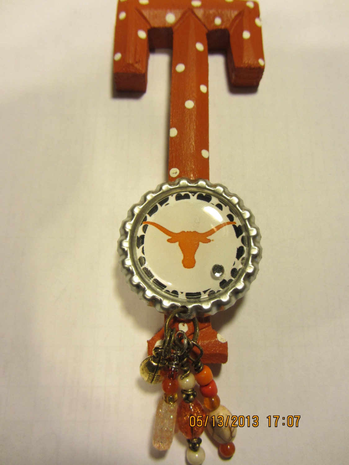 Texas Longhorns College Football Personalized Initial T Wood Hanging Car Charms, Bottlecap