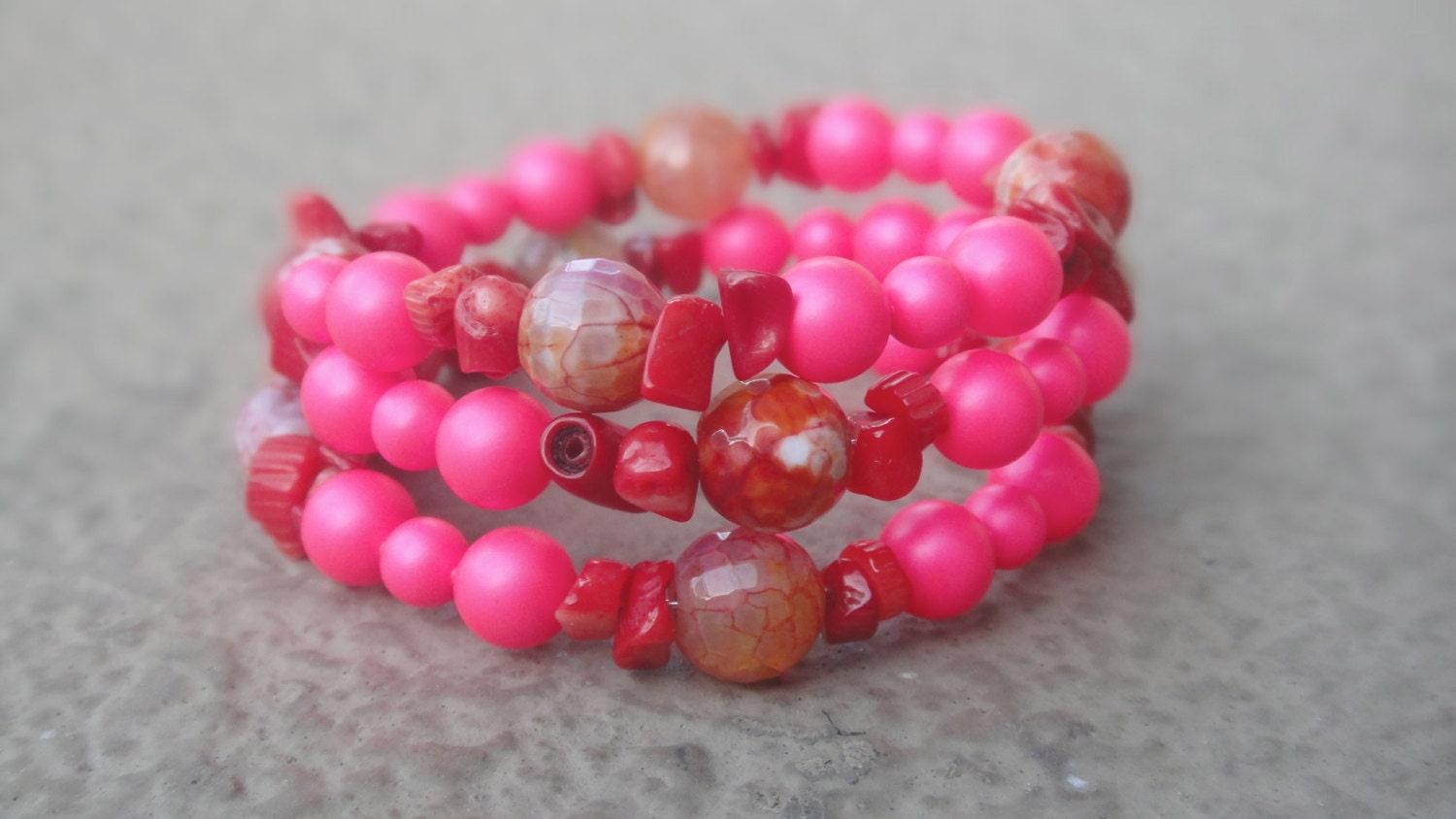 Neon Pink Agate Pearl Wrap Bracelet