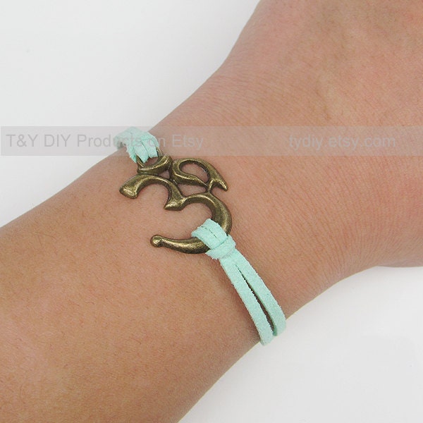 Yoga Bracelet - Charm Bracelet Antique Brass / Silver OM Symbol on Thin Optional Color Leather Cord Adjustable Bangle with Extended Chain