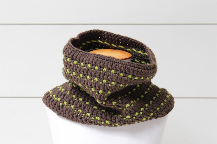 Chunky Crochet Scarf Cowl in Brown & Green