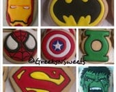 Superhero Cookies....(Spiderman, IronMan, Batman, Captain America, Hulk, Green Lantern, Superman) Cookies...GreeksNSweets