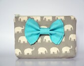 Accessory Pouch Accessories Bag Cosmetic Case MakeUp Bag Lens Pouch Zippered Grey Elephant with Aqua Double Bow