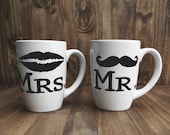 Set of 2 Mr. & Mrs. mustache and lips ceramic mugs, couple, wedding gift, newlywed, engagement, wedding shower, house warming