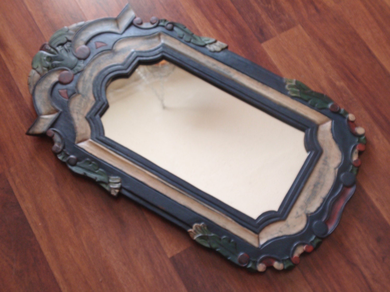 Home Decor - Vintage Hand Carved / Hand Painted Mirror - Shabby Chic - Cottage Style Ornate Multicolor Mirror - Free Shipping