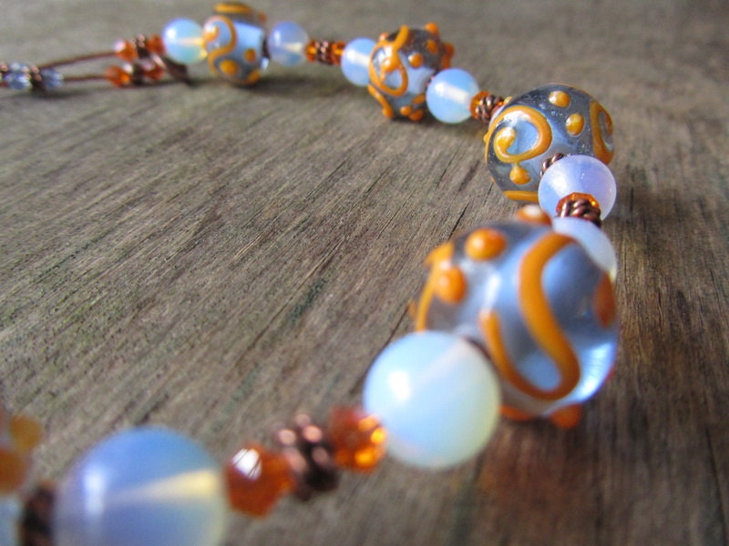Jewelry set - lampwork necklace - necklace bracelet earrings set - light blue - orange - opalite - copper - europeanstreetteam