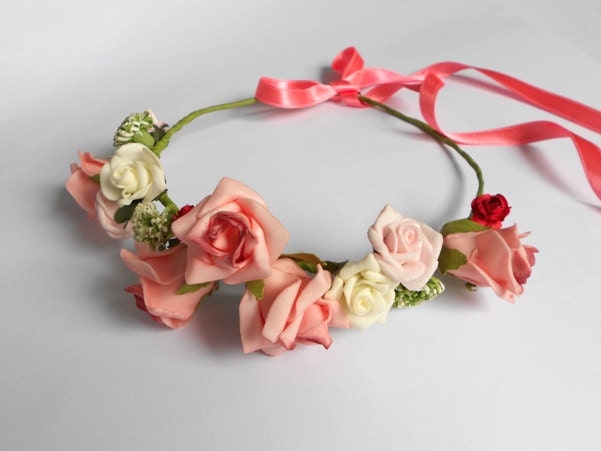 Floral Hair Wreath / Ivory Blush Pink Green Flower Crown / Headband of Blooms / Handmade Must Have Summer Hair Accessory for Women