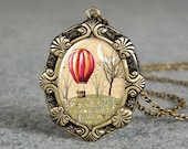 long vintage necklace with red fire balloon big resin pendant, retro image resin necklace ED266