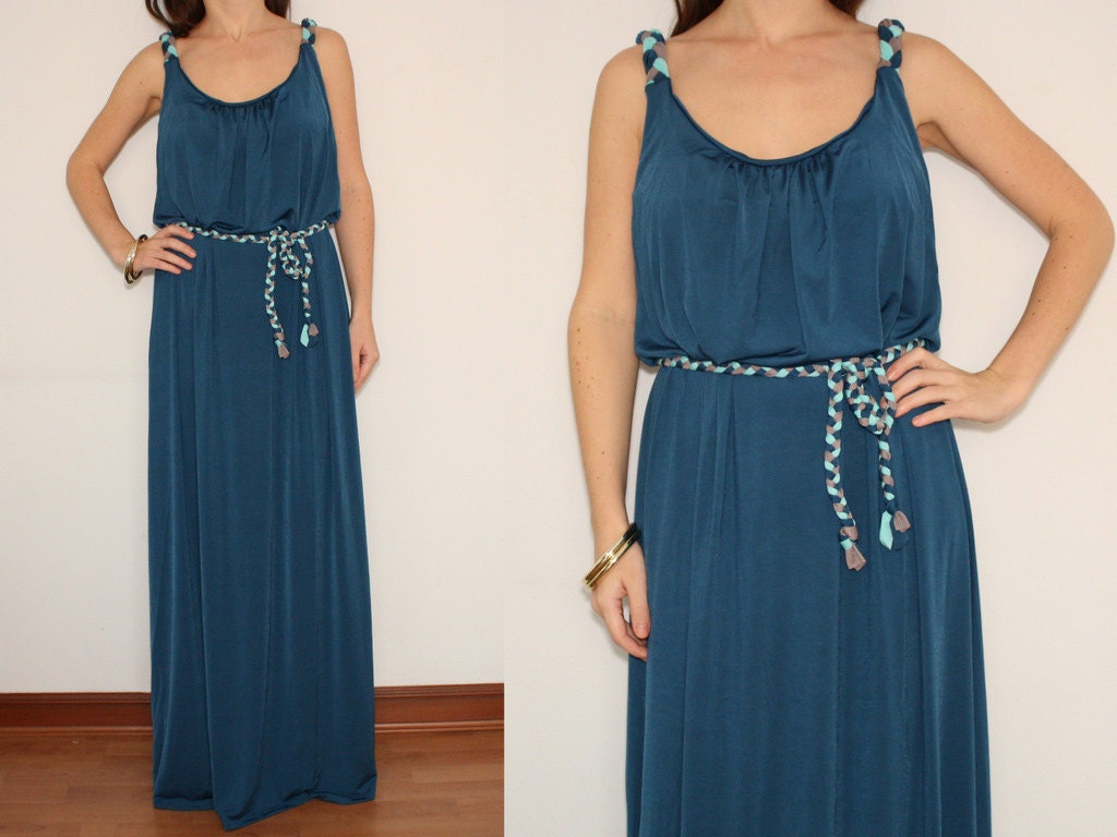 Long Maxi Dress Grecian Goddess Dress in Dark Blue for Women