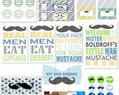 Little Man Mustache Birthday Bash Party Printable Lot Invitation, Labels, Signs, Wrappers