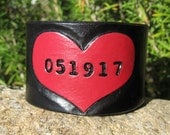 Hand Painted Tooled Leather Cuff Bracelet - Wide - Black and Red Heart with Special Date - Men or Women