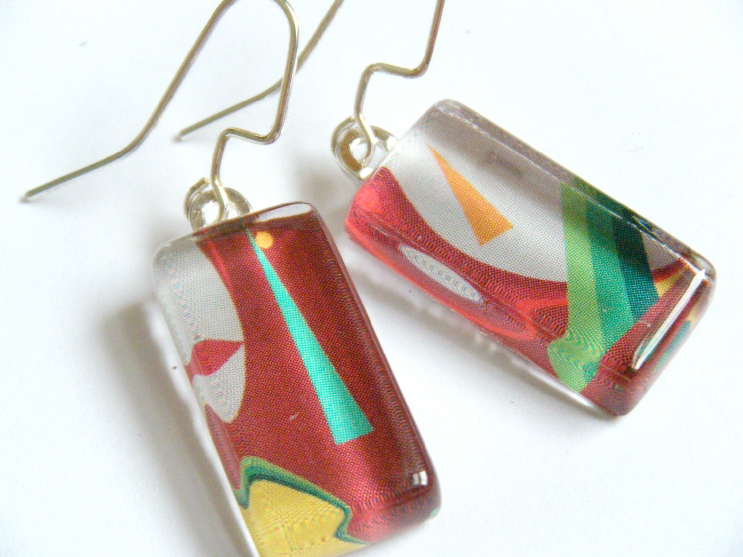 OOAK Colorful Geometric Abstract Design Modern Recycled Material Glass Tile Earrings Wire Hooks Dangle Upcycled Paper Magazine Repurposed