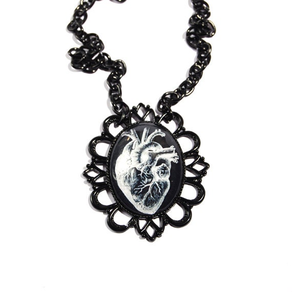 Black Anatomical Heart Big Pendant Long Necklace, Gothic Lolita Collar, Anatomy Spooky X-Ray Jewerly, Gift Idea
