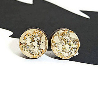 Gold glitter post earrings, round wooden stud post earrings cream silver and gold glitter asymmetrical design