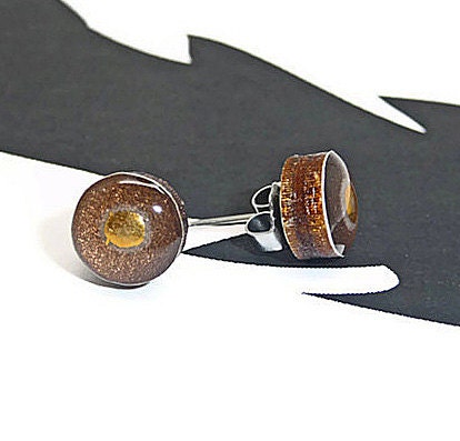 Round wooden stud post earrings brown shimmer and metallic gold dot asymmetrical design handmade