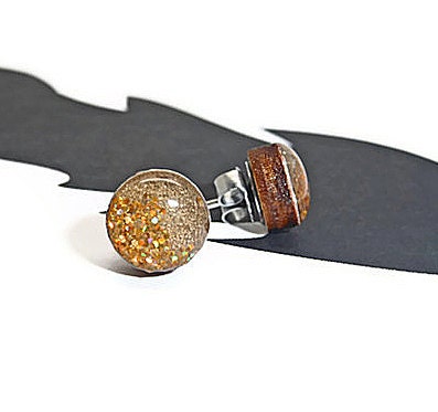 Round wooden stud post earrings champagne shimmer and gold glitter asymmetrical design