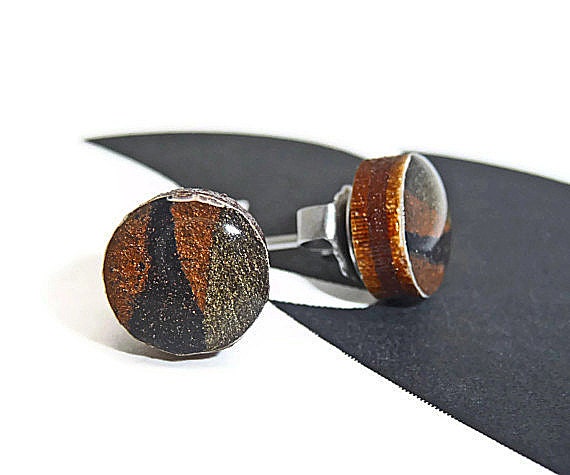 Round wooden stud post earrings black copper and gold shimmer asymmetrical design