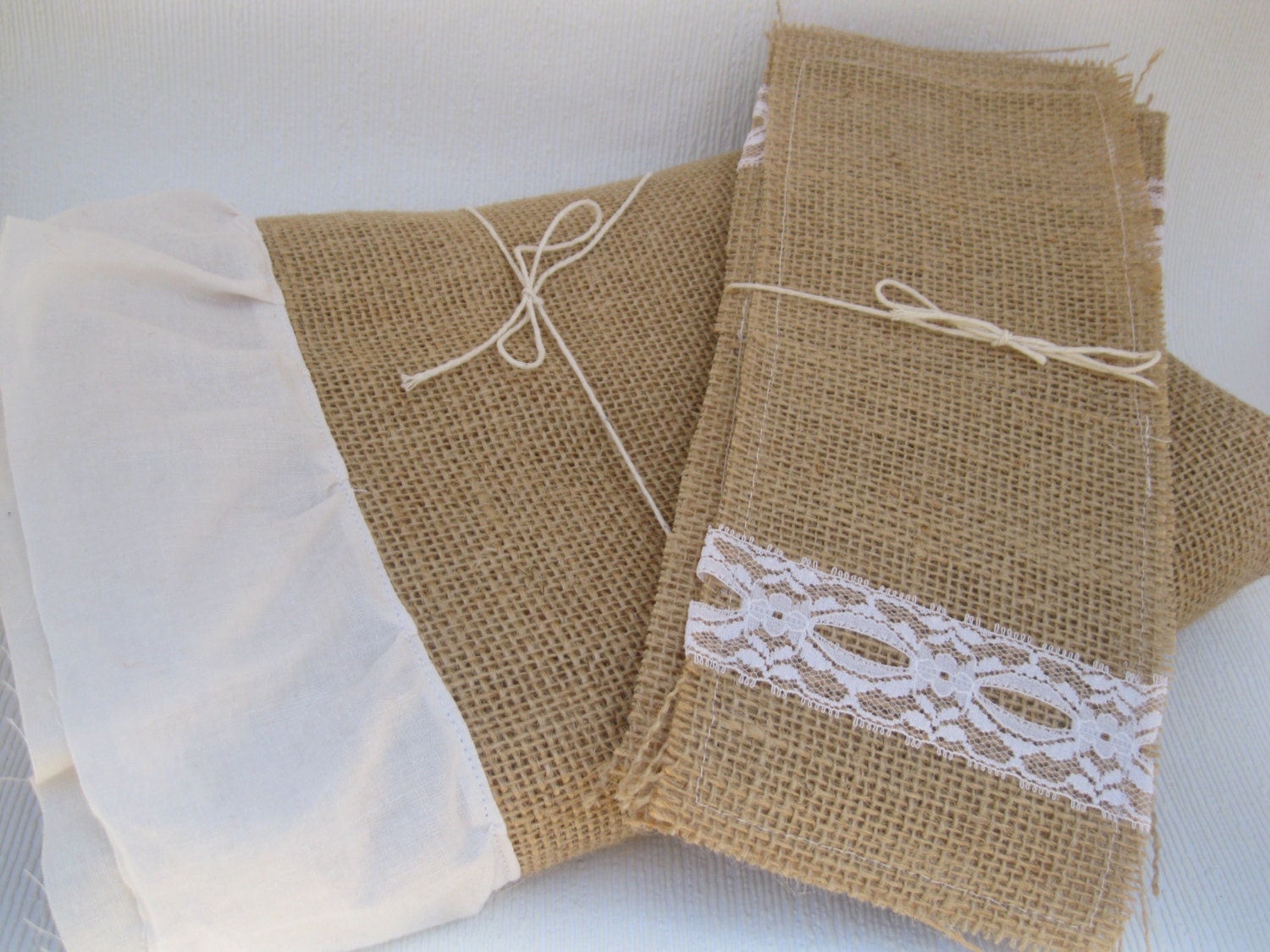 Burlap Table Runner and Burlap Utensil Holders / Silverware Pockets with Lace Set -- shabby chic home decor