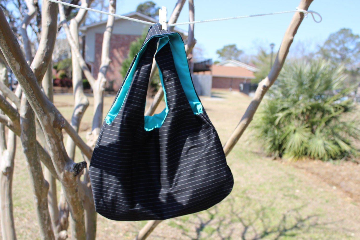 Reversible Shoulder Hobo Bag - Black & White Pinstripes with Blue Lining