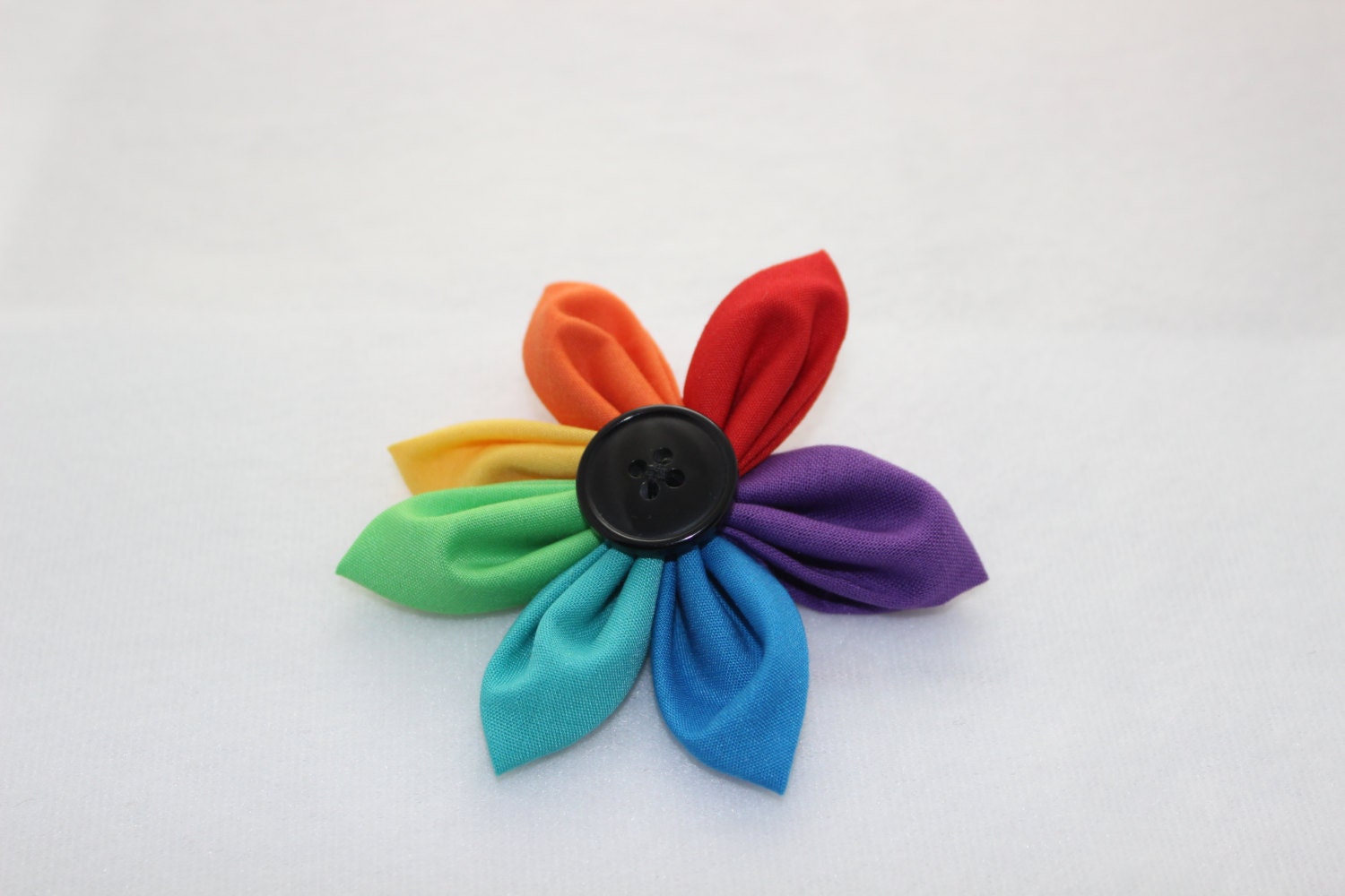 Fabric Flower Hair Bow with Button Accent - Rainbow