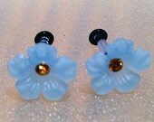 10G Blue Camellia Flower Plugs with Topaz Swarovski Crystal - Sweet, pretty plugs