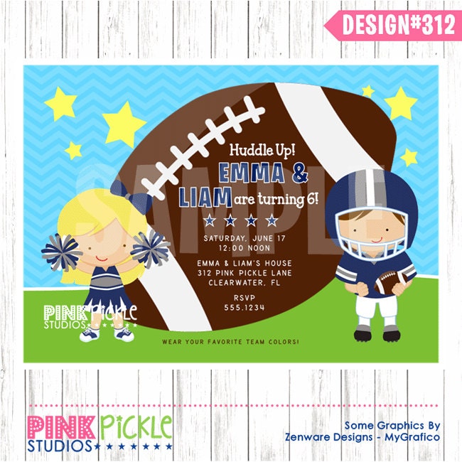 FOOTBALL and CHEERLEADER Birthday Party INVITATION or Thank You Card Personalized Printables (312)