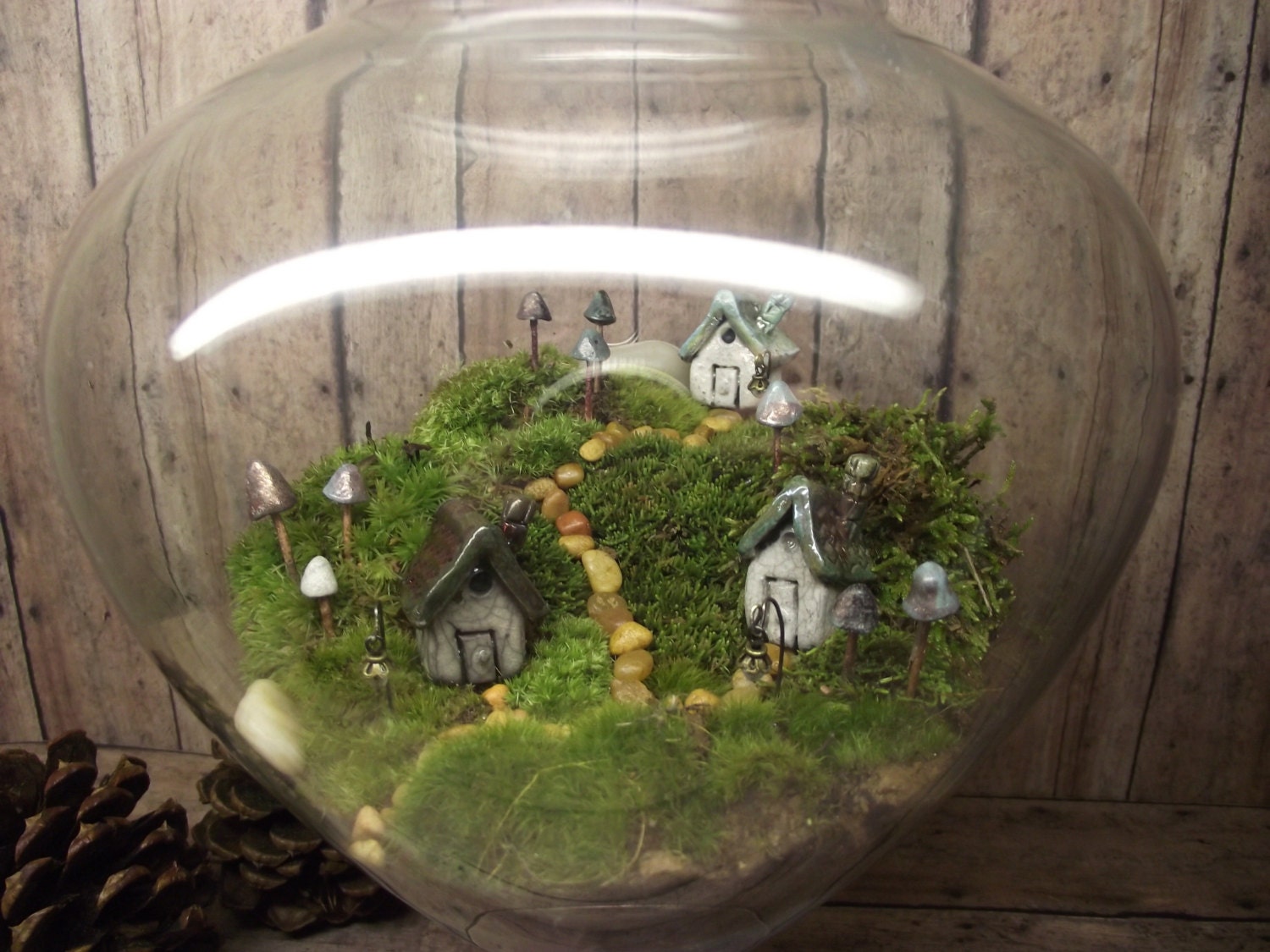 Miniature Landscape, Live Moss Terrarium with tiny raku fired ceramic houses and mushrooms- Handmade by Gypsy Raku