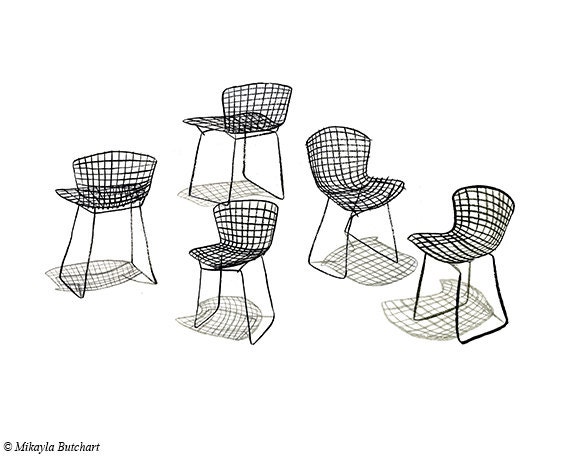 Modern Midcentury Black Wire Chairs ink drawing print