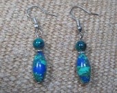 Azurite Malachite Turquoise, Gemstone Earrings, handmade, 1 3/4 inch dangle, silver plate earwires.