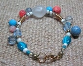 Gypsy Bracelet, eco friendly, upcycled glass and ceramic beads, handmade, 6 3/4 inches, pink, blue, green, white, gold plate claw clasp
