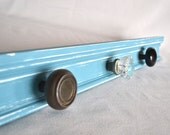 Turquoise Distressed Wooden Coat / Hat / Jewelry Hanger With Vintage Door Knobs  - Door Knob Coat Rack