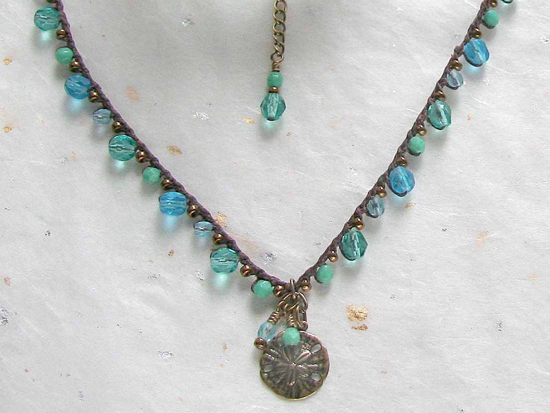 Gold Sand Dollar, Bohemian Crochet Necklace, Handmade, Summer Beachy Boho Jewelry, Blue Green, Tropical Water Colors