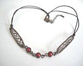 Red Coral, Handcrafted Wire Belts Double Strands Dark Brown Leather Choker