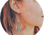 boho festival feather jewelry // THE ALCHEMIST // turquoise triangle chandelier earrings // bohemian wear hippie jewelry // OOAK jewellery