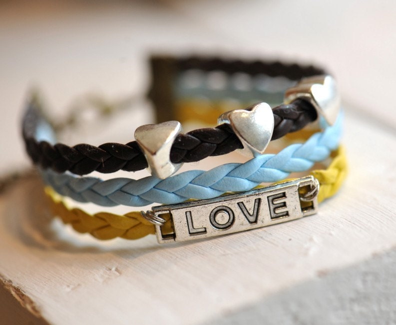 Charm bracelet, LOVE bracelet,retro silver love with love heart Pandora bead,brown,yellow and blue leather braid bracelet---B113