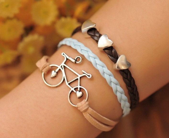 Charm bracelet, bike bracelet,love bike with love heart Pandora bead,alloy bracelet,brown and blue leather braid bracelet---B011
