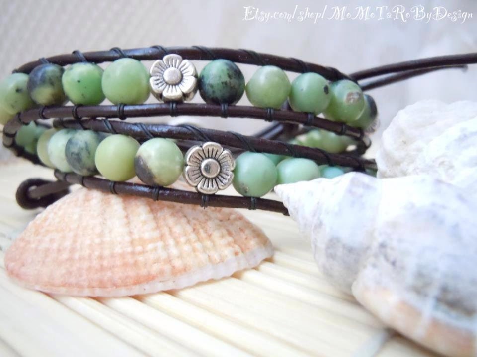 A Set 6mm Green Serpentine round bead Gemstones and Silver finished flower beads Leather Wrap Bracelet Handmade & A Matching Earrings